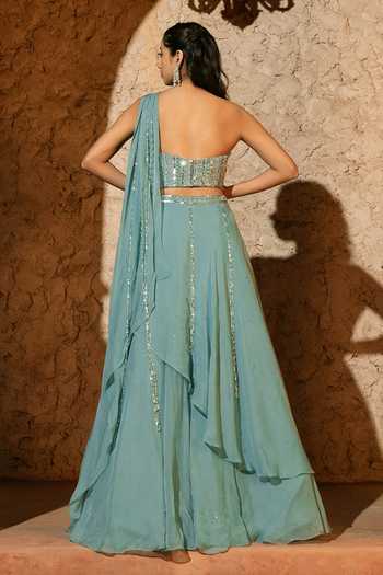 Shop_Silky Bindra_Blue Organza, Shantoon Sequins, Stones Zephyr Draped Lehenga With Blouse _at_Aza_Fashions