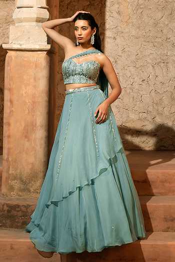 Buy_Silky Bindra_Blue Organza, Shantoon Sequins, Stones Zephyr Draped Lehenga With Blouse _at_Aza_Fashions