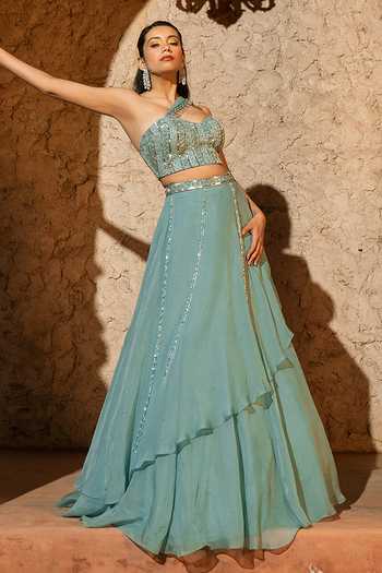 Buy_Silky Bindra_Blue Organza, Shantoon Sequins, Stones Zephyr Draped Lehenga With Blouse _Online_at_Aza_Fashions