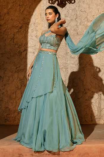 Shop_Silky Bindra_Blue Organza, Shantoon Sequins, Stones Zephyr Draped Lehenga With Blouse _Online_at_Aza_Fashions