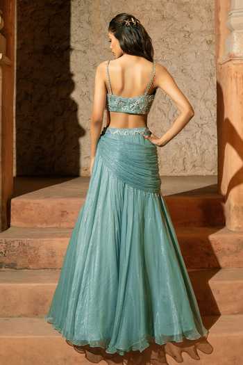 Shop_Silky Bindra_Aqua Organza, Chiffon, Shantoon Embroidery, Sequins Mix Media Lehenga Set _at_Aza_Fashions