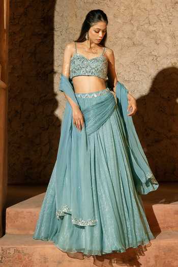 Buy_Silky Bindra_Aqua Organza, Chiffon, Shantoon Embroidery, Sequins Mix Media Lehenga Set _at_Aza_Fashions