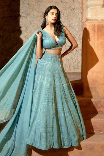 Buy_Silky Bindra_Aqua Organza, Shantoon Sequins V-neck Meander Mix Media Embroidered Lehenga Set _at_Aza_Fashions