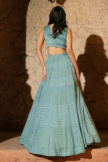 Shop_Silky Bindra_Aqua Organza, Shantoon Sequins V-neck Meander Mix Media Embroidered Lehenga Set _at_Aza_Fashions