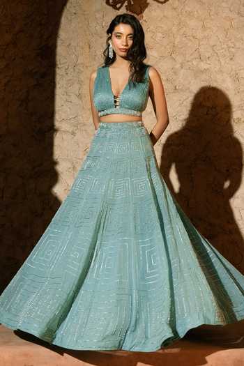 Buy_Silky Bindra_Aqua Organza, Shantoon Sequins V-neck Meander Mix Media Embroidered Lehenga Set _Online_at_Aza_Fashions