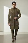 Buy_Tajiri_Olive Green Silk, Cotton Embroidery, Zari, Dabka Work Hand Coat And Kurta Set _at_Aza_Fashions