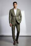 Buy_Tajiri_Olive Green Suiting, Polyester, Wool Shawl Collar Blazer Set _at_Aza_Fashions