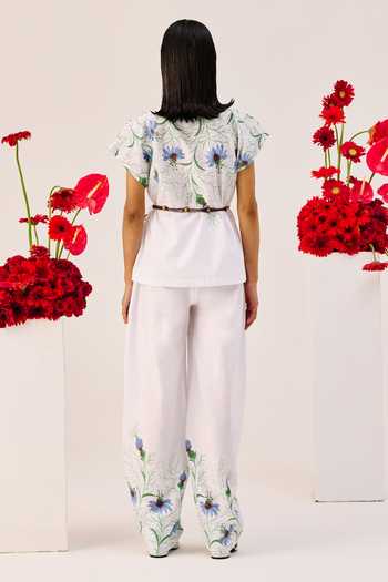 Shop_Therealb_White Cotton Beads, Tassels V-neck Floral Print Top And Pant Set _at_Aza_Fashions