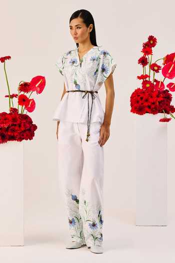 Therealb_White Cotton Beads, Tassels V-neck Floral Print Top And Pant Set _Online_at_Aza_Fashions