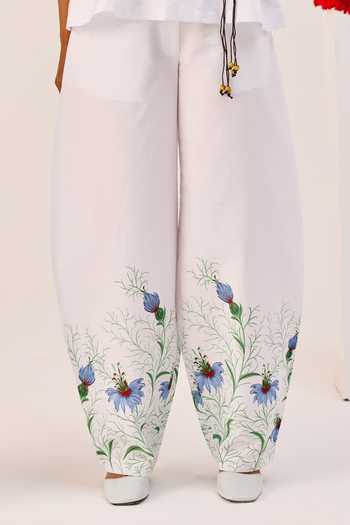 Buy_Therealb_White Cotton Beads, Tassels V-neck Floral Print Top And Pant Set _Online_at_Aza_Fashions