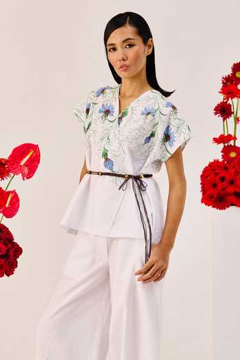Shop_Therealb_White Cotton Beads, Tassels V-neck Floral Print Top And Pant Set _Online_at_Aza_Fashions