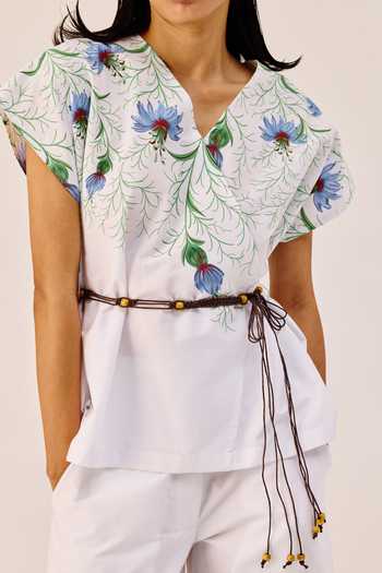 Therealb_White Cotton Beads, Tassels V-neck Floral Print Top And Pant Set _at_Aza_Fashions