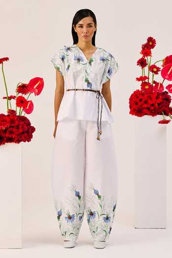 Buy_Therealb_White Cotton Beads, Tassels V-neck Floral Print Top And Pant Set _at_Aza_Fashions