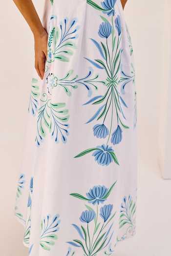 Therealb_White Linen Round Neck Floral Print Midi Dress _Online_at_Aza_Fashions