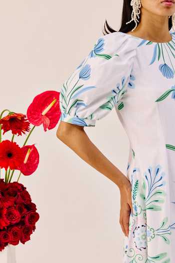 Buy_Therealb_White Linen Round Neck Floral Print Midi Dress _Online_at_Aza_Fashions