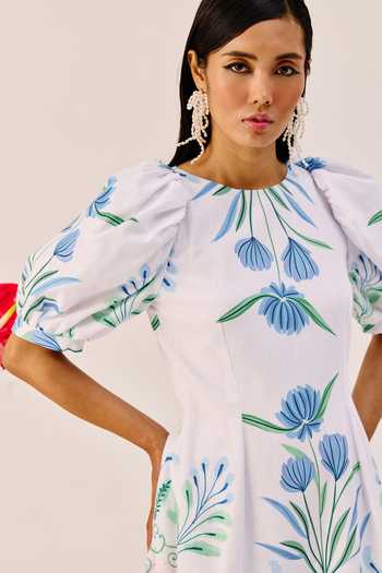 Shop_Therealb_White Linen Round Neck Floral Print Midi Dress _Online_at_Aza_Fashions