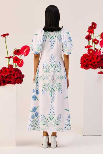 Shop_Therealb_White Linen Round Neck Floral Print Midi Dress _at_Aza_Fashions