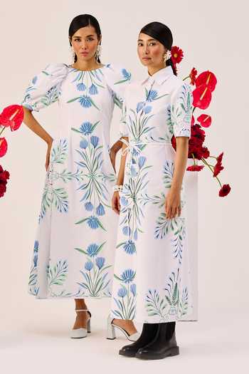 Therealb_White Linen Round Neck Floral Print Midi Dress _at_Aza_Fashions