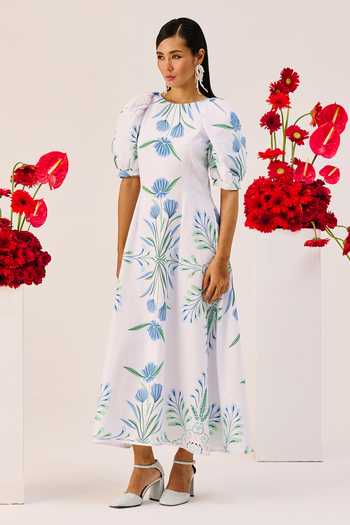 Buy_Therealb_White Linen Round Neck Floral Print Midi Dress 