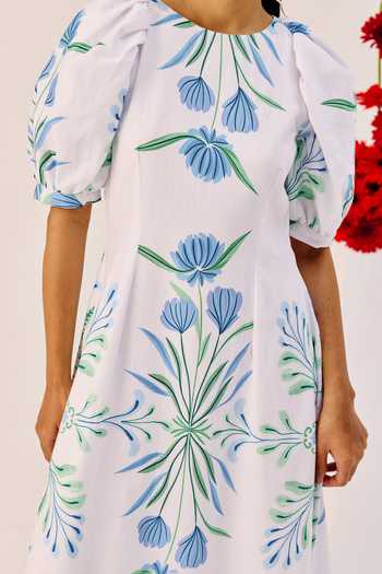 Shop_Therealb_White Linen Round Neck Floral Print Midi Dress 