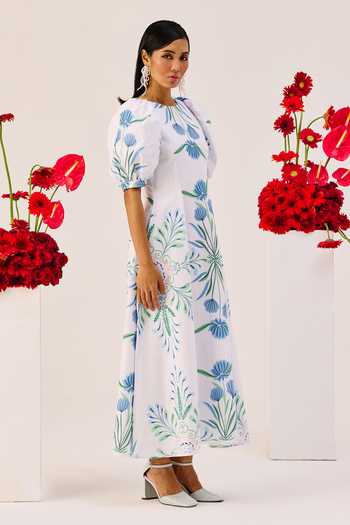 Therealb_White Linen Round Neck Floral Print Midi Dress _Online