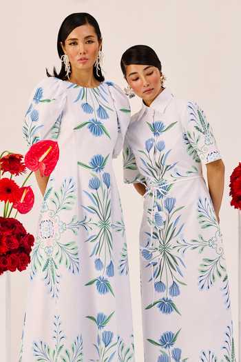 Buy_Therealb_White Linen Round Neck Floral Print Midi Dress _Online