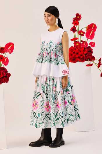 Therealb_Green Linen Round Neck Floral Print Peplum Top With Skirt _Online_at_Aza_Fashions