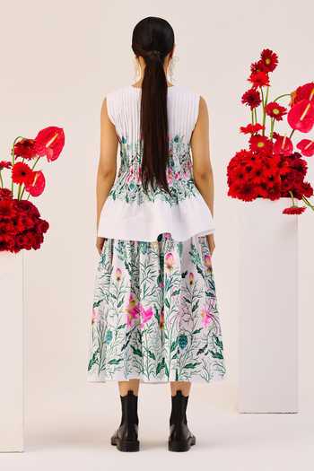 Shop_Therealb_Green Linen Round Neck Floral Print Peplum Top With Skirt _at_Aza_Fashions