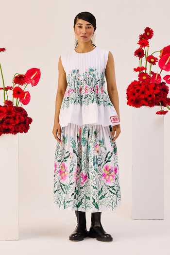 Buy_Therealb_Green Linen Round Neck Floral Print Peplum Top With Skirt _at_Aza_Fashions
