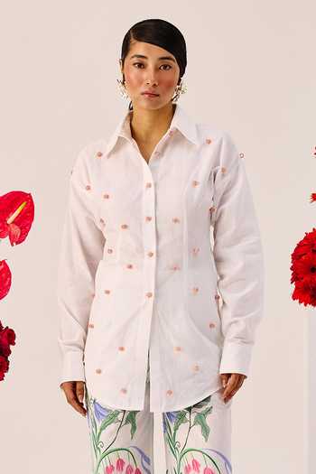 Therealb_White Linen Embroidery Collared Embellished Shirt And Pant Set _Online_at_Aza_Fashions