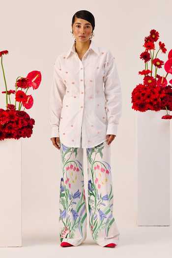 Buy_Therealb_White Linen Embroidery Collared Embellished Shirt And Pant Set _at_Aza_Fashions