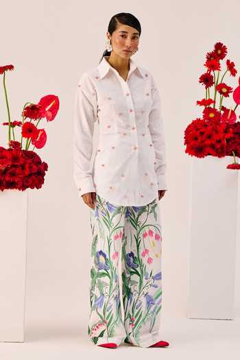 Therealb_White Linen Embroidery Collared Embellished Shirt And Pant Set _at_Aza_Fashions
