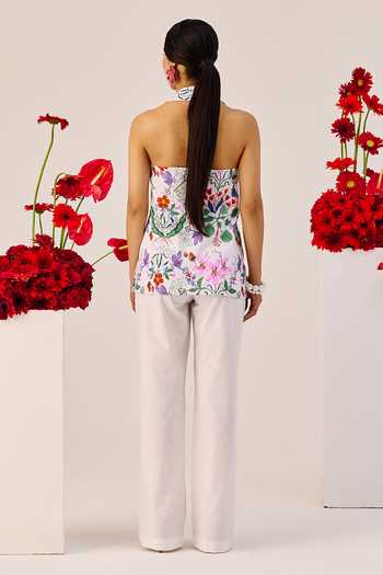 Shop_Therealb_White Linen Halter Neck Floral Print Top And Pant Set _at_Aza_Fashions