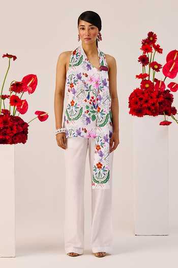 Buy_Therealb_White Linen Halter Neck Floral Print Top And Pant Set _at_Aza_Fashions
