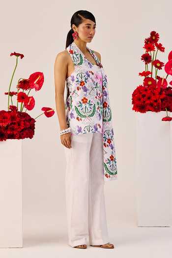Therealb_White Linen Halter Neck Floral Print Top And Pant Set _Online_at_Aza_Fashions