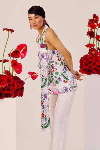 Buy_Therealb_White Linen Halter Neck Floral Print Top And Pant Set _Online_at_Aza_Fashions