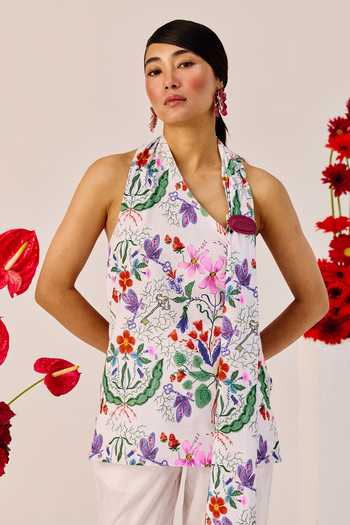Shop_Therealb_White Linen Halter Neck Floral Print Top And Pant Set _Online_at_Aza_Fashions