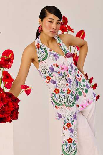 Therealb_White Linen Halter Neck Floral Print Top And Pant Set _at_Aza_Fashions