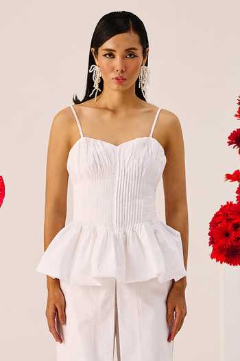 Buy_Therealb_White Cotton Sweetheart Neck Peplum Top And Pant Set _Online_at_Aza_Fashions