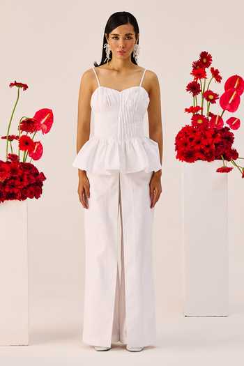 Shop_Therealb_White Cotton Sweetheart Neck Peplum Top And Pant Set _Online_at_Aza_Fashions