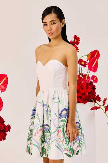 Therealb_White Linen Sweetheart Neck Floral Strapless Mini Dress _Online_at_Aza_Fashions