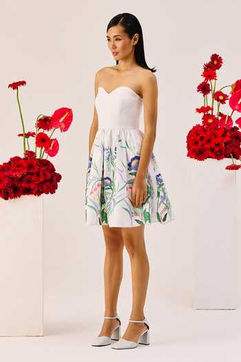 Shop_Therealb_White Linen Sweetheart Neck Floral Strapless Mini Dress _Online_at_Aza_Fashions