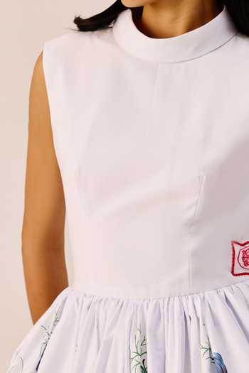 Therealb_White Cotton High Neck Balloon Hem Floral Dress _Online_at_Aza_Fashions