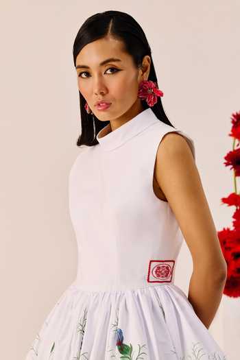 Buy_Therealb_White Cotton High Neck Balloon Hem Floral Dress _Online_at_Aza_Fashions