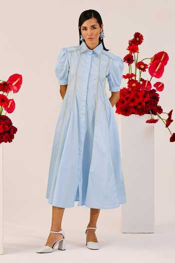 Buy_Therealb_Blue Cotton Embroidery Collared Powder A-line Dress _at_Aza_Fashions
