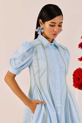 Therealb_Blue Cotton Embroidery Collared Powder A-line Dress _Online_at_Aza_Fashions