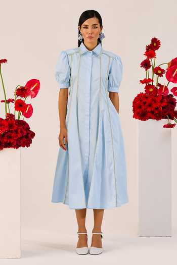 Shop_Therealb_Blue Cotton Embroidery Collared Powder A-line Dress _at_Aza_Fashions