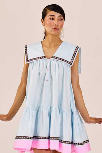 Therealb_Blue Cotton Embroidery Square Collar Pastel A-line Mini Dress _Online_at_Aza_Fashions