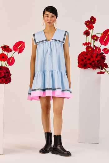 Buy_Therealb_Blue Cotton Embroidery Square Collar Pastel A-line Mini Dress _at_Aza_Fashions