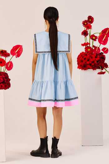 Shop_Therealb_Blue Cotton Embroidery Square Collar Pastel A-line Mini Dress _at_Aza_Fashions